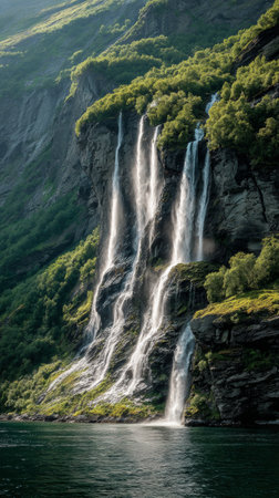 Majestic waterfalls cascade down steep cliffs in a tranquil fjord setting during daylight hoursの素材