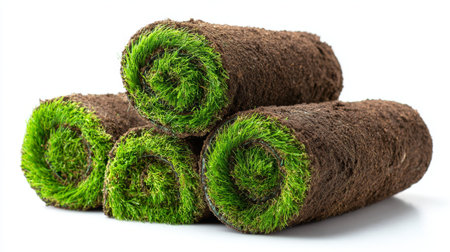 Freshly rolled sod ready for installation in residential landscaping projects in sunny outdoor settingsの素材