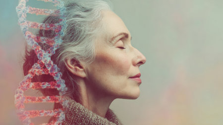 Elderly woman contemplating the essence of genetics with a DNA double helix in the background showcasing a fusion of science and humanityの素材