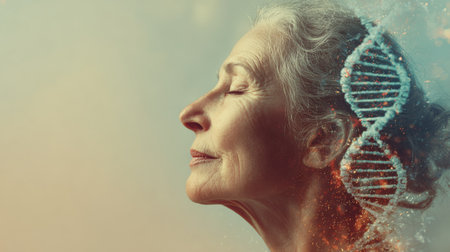 Elderly woman with serene expression and DNA strand overlay in artistic representation of life and geneticsの素材