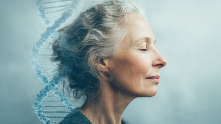 Elderly woman with silver hair contemplatively gazing with a double helix overlay and soft backgroundの素材