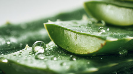 Close-up of fresh aloe vera leaves with water droplets on a smooth surfaceの素材