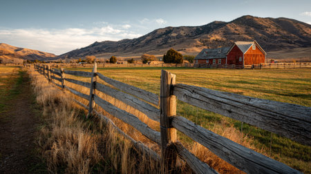 Rustic red barn and wooden fence in a sunlit valley with mountains in the background during late afternoonの素材