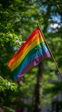 LGBTQ pride flag waving in a lush green park on a sunny dayの素材