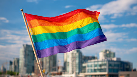 Vibrant rainbow flag waving proudly against a city skyline on a sunny dayの素材