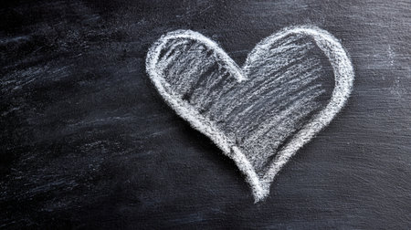 Heart drawn with chalk on a blackboard, symbolizing love and creativity in an artistic settingの素材