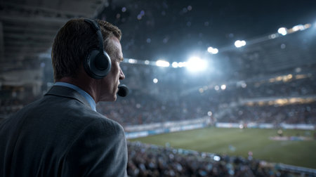 Sports commentator delivers live analysis during a high-stakes match in an illuminated stadium at nightの素材