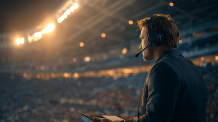 Sports commentator delivers insights during a live event in a crowded stadium at nightの素材
