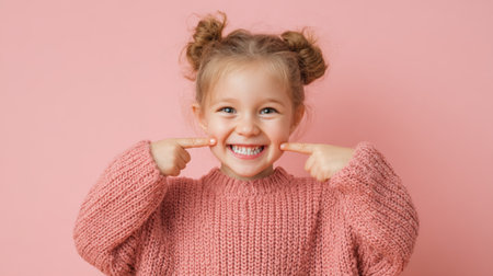 Young girl with joyful expression shows teeth while posing in a cozy pink sweater against a soft pink backgroundの素材
