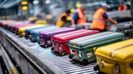 Colorful luggage on a baggage carousel at an airport during busy travel hours showing efficient handling and organizationの素材