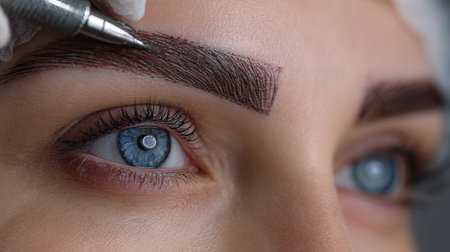 Close-up of a beauty professional applying brow tint to a clients eyebrows in a modern salon during daytimeの素材