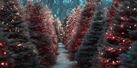 Magical winter wonderland with Christmas trees adorned in colorful lights at a festive locationの素材