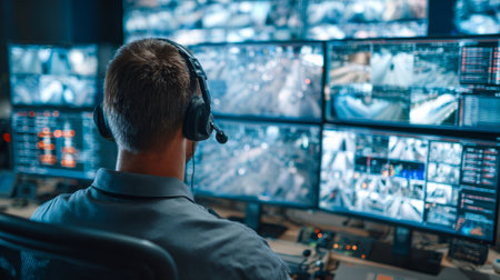 Security operator monitors multiple camera feeds in a busy control room during peak hoursの素材