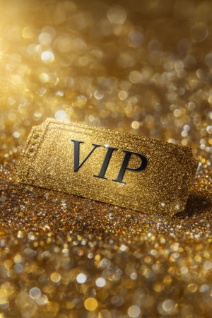 Luxury VIP ticket resting on a sparkling golden surface during an exclusive eventの素材