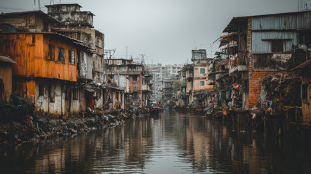 Dark, cloudy waters reflect rundown buildings in a densely populated urban area during a rainy dayの素材