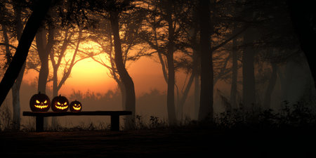 Spooky pumpkin display at sunset in a forest setting during fall seasonの素材