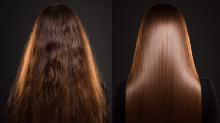 Transformation of hair from frizzy to smooth in a professional styling settingの素材