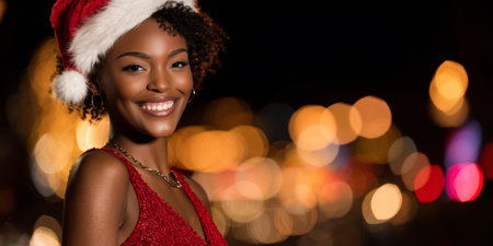 Joyful holiday celebration with a smiling woman wearing a Santa hat in a vibrant city setting decorated with lightsの素材