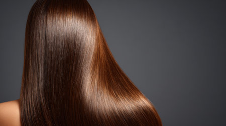 Long, shiny brown hair flowing gracefully against a dark background highlighting its sleek texture and rich colorの素材