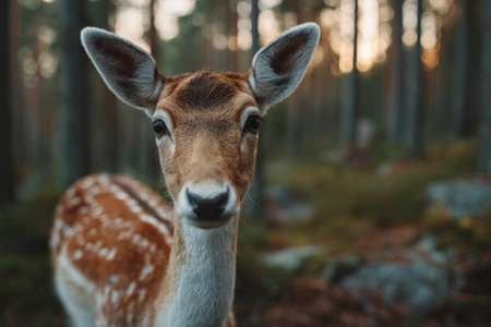Close up of a young deer in a serene forest setting during the golden hour of late afternoonの素材