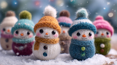 Collection of cute handmade snowmen in colorful hats surrounded by soft snowflakes in a cozy winter settingの素材
