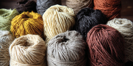 Variety of colorful yarn balls arranged artistically in a cozy craft studio for knitting and crochetingの素材