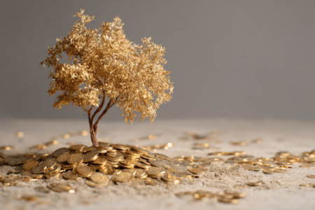 Golden tree growing on mound of coins representing prosperity and wealth accumulation in a minimalist settingの素材