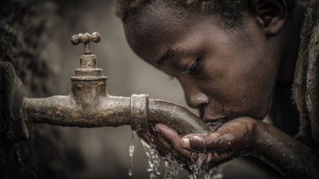 Child drinking clean water from a faucet in a rural setting during daylight hoursの素材