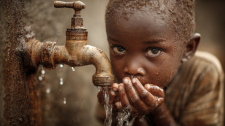 Young boy drinks clean water from a tap in a rural area during a hot afternoonの素材