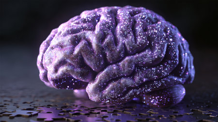Colorful 3D brain sculpture surrounded by puzzle pieces in a dimly lit environment showcasing creativity and thoughtの素材