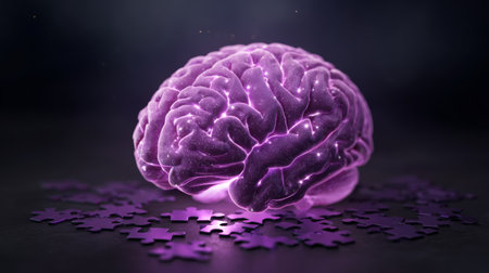 Brain with glowing purple effect and puzzle pieces on dark surface at night creating a mysterious atmosphereの素材