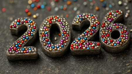 Decorative numbers representing the year 2026 with colorful beads on a textured surfaceの素材