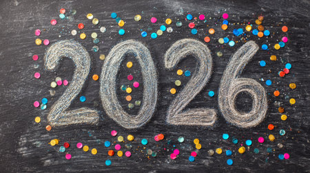 Festive chalk design with the number 2026 surrounded by colorful confetti on a dark backgroundの素材
