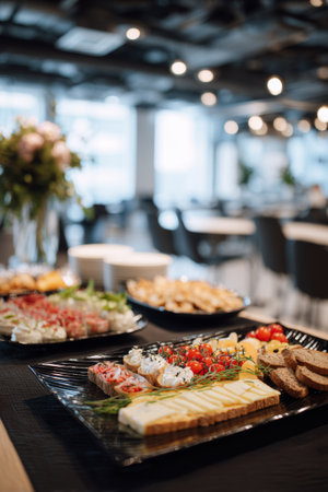 Delicious buffet spread with various appetizers set in a modern event space during daytimeの素材