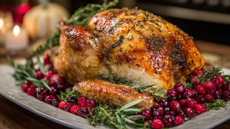 Thanksgiving dinner with a perfectly roasted turkey garnished with herbs and cranberries on a festive tableの素材