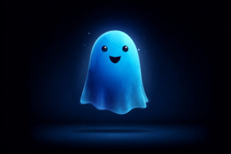 Cartoon ghost character glowing in blue color with a joyful expression in a dark backgroundの素材
