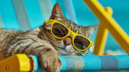 Cat wearing yellow sunglasses relaxes on a beach chair under bright sunlightの素材