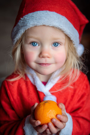 Sweet child in Santa costume holding orange with joy during festive seasonの素材