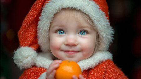 Child in Santa hat happily holding an orange during the holiday seasonの素材