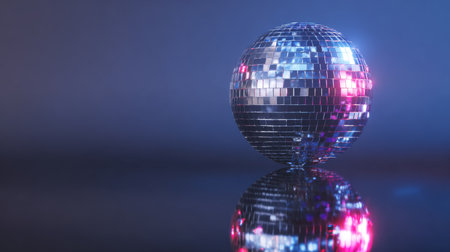 Disco ball reflecting colorful lights on a dark background during a night event celebrationの素材