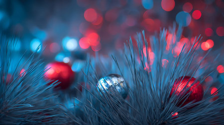 Brightly colored ornaments shine on holiday decorations, creating a festive atmosphere during the winter seasonの素材