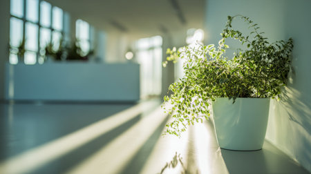 Indoor potted plant in a bright modern space with sunlight casting shadows on the floorの素材
