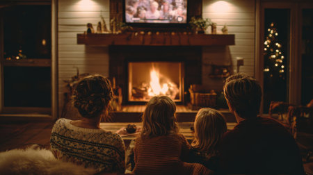 Family enjoys cozy evening by the fireplace while watching a movie during the winter holiday seasonの素材