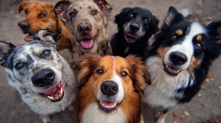 Dogs gather happily in a park showing excitement and joy during a sunny day with friendsの素材