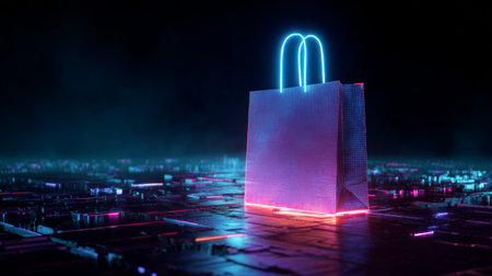 Vibrant digital shopping bag illuminated in neon colors on a futuristic surface at nightの素材