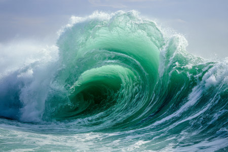 Massive ocean wave crashing towards the shore during a sunny dayの素材