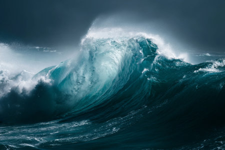 Powerful ocean wave crashing against the shore under dramatic cloudy sky during early evening hoursの素材