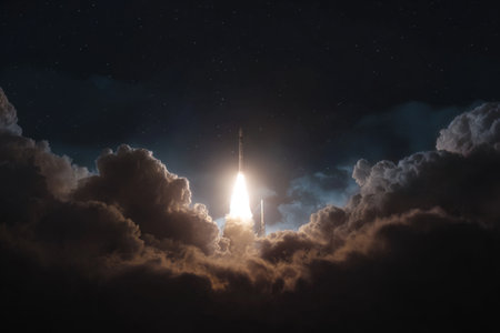 Rocket launch illuminated by flames through dark clouds at night skyの素材