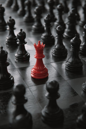 Red chess piece stands out among dark pieces on a chessboard during an intense gameの素材
