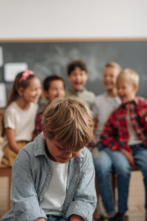 Children engaging in a classroom setting with one boy appearing shy while others are laughing and having fun at a school in the afternoonの素材